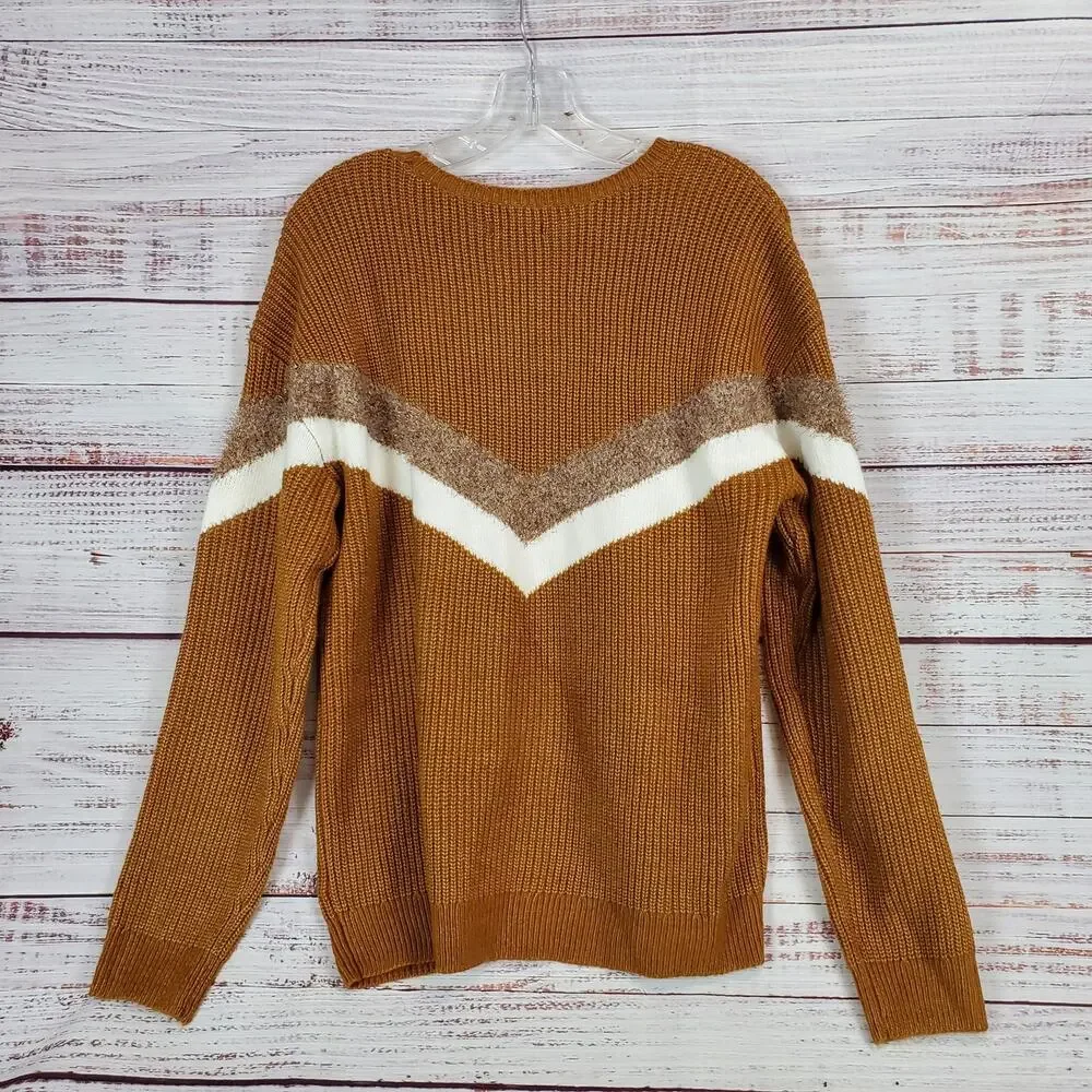 Nine West Women's Brown White Cable Knit Sweater Size L Chevron Colorblock NWT